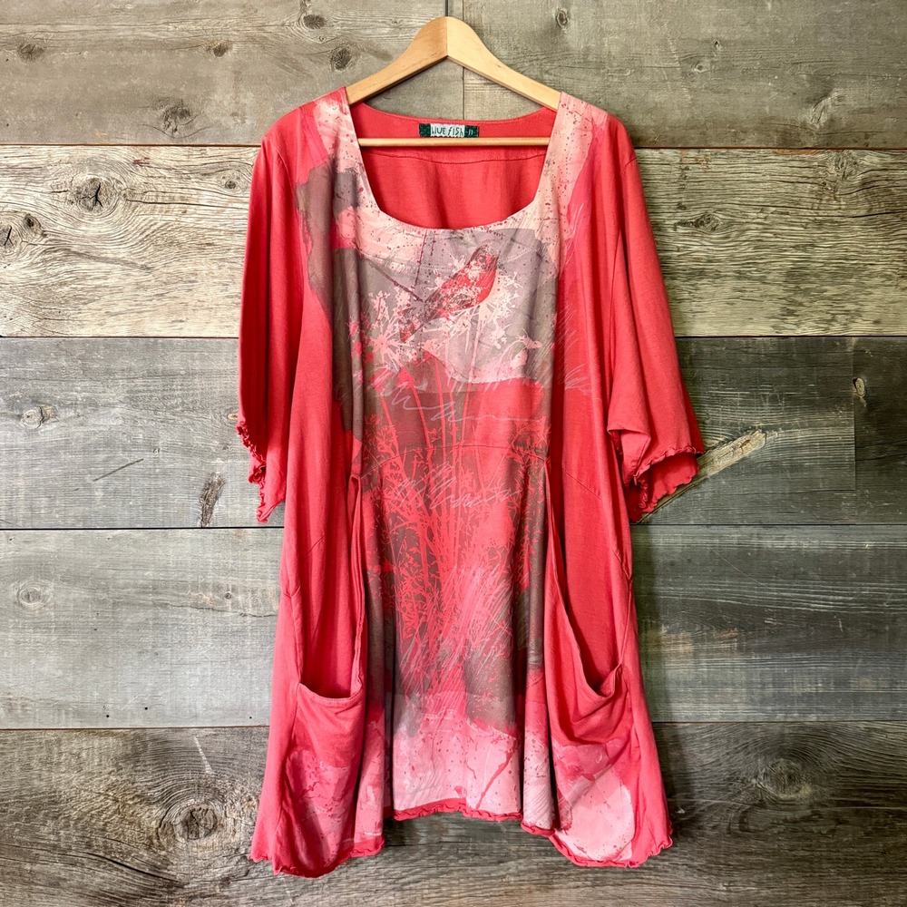 Blue Fish VTG Cotton Bird Tunic Dress Size 2 Coral Pockets Lagenlook Art to Wear